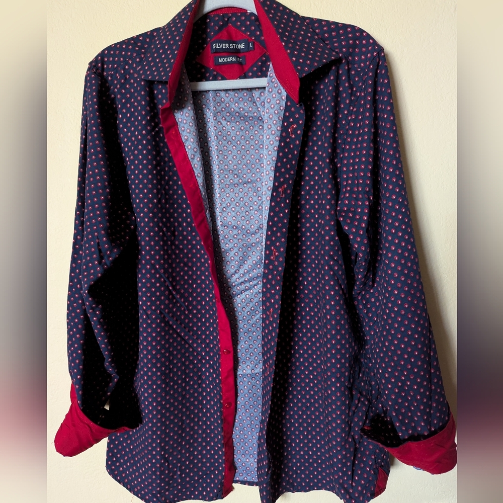 J211, Silverstone Modern Fit Men's Navy and Red Polka Dot Shirt